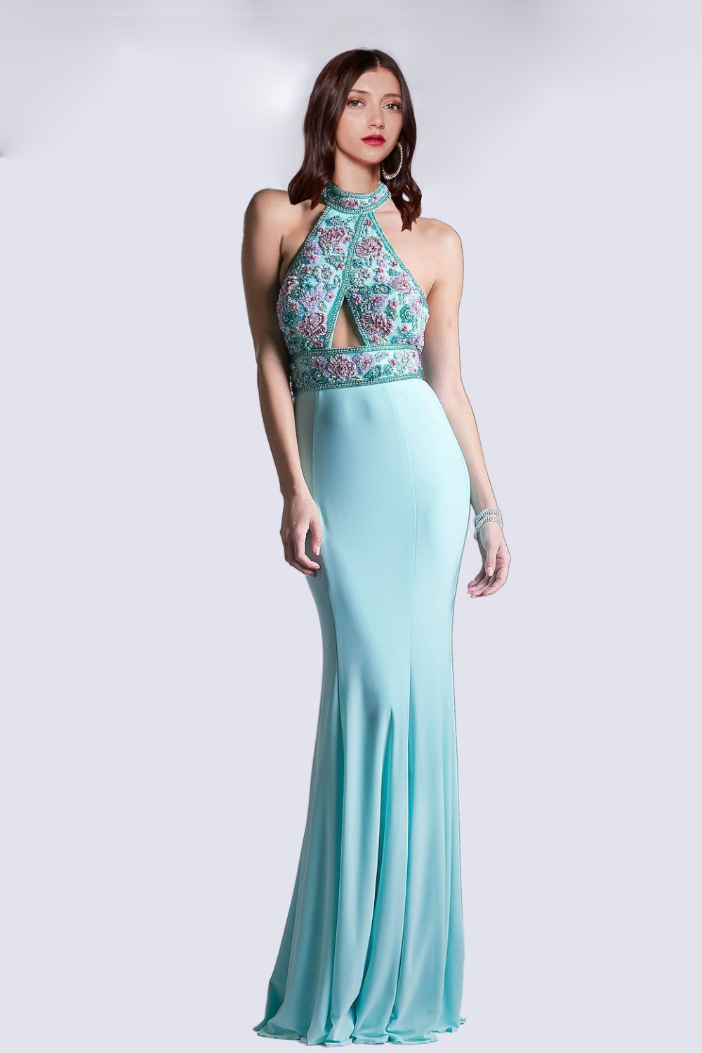 Fitted Jersey Gown with Beaded Halter Neckline-0