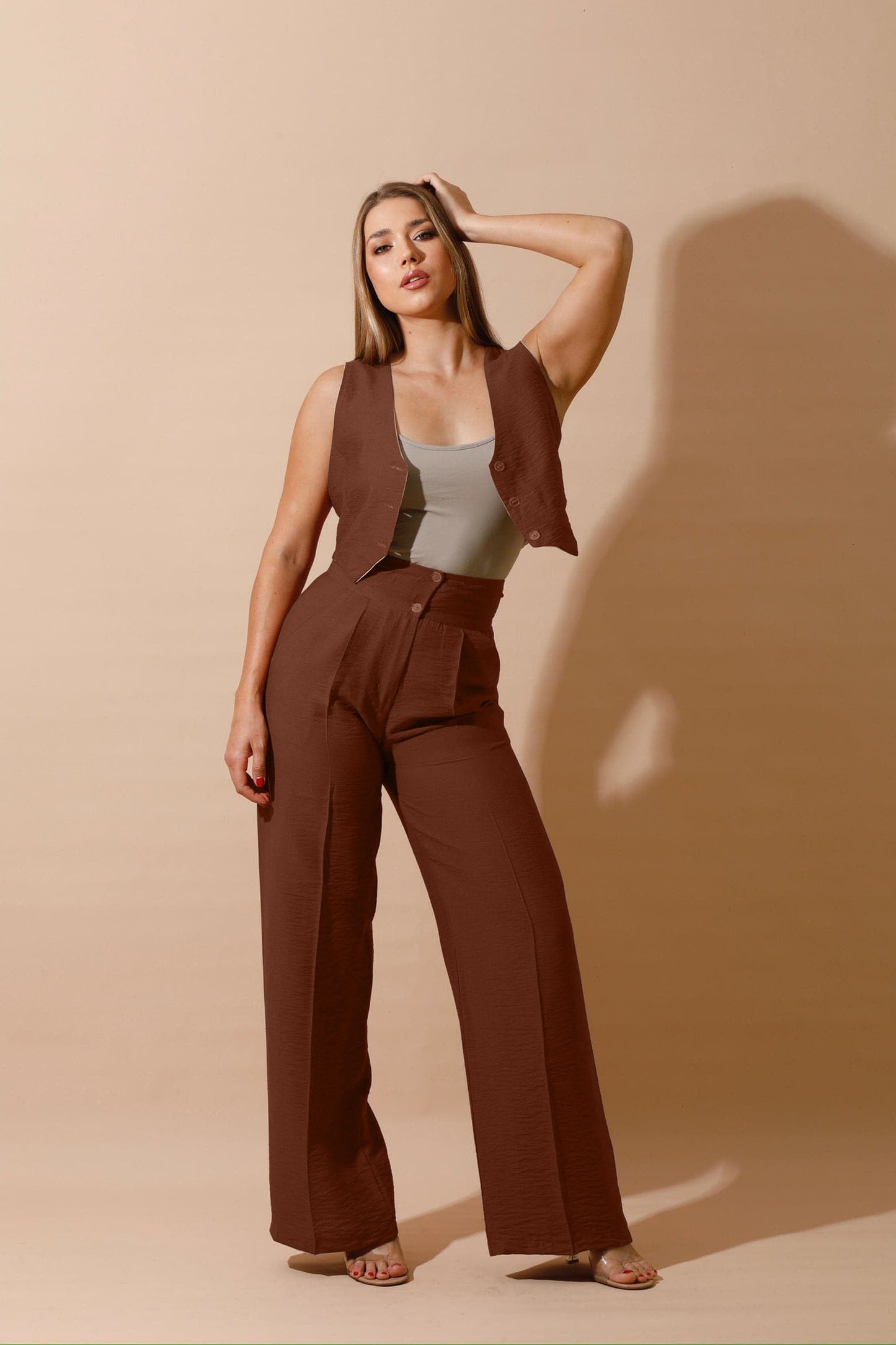 High Waist Linen-Blend Pants - Brown-2