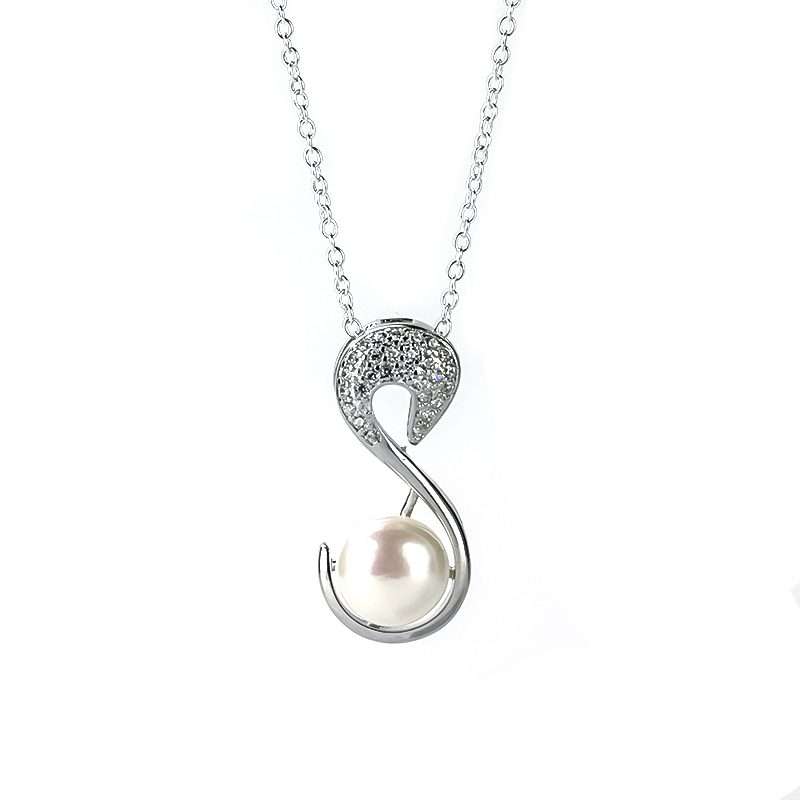 Freshwater Pearl Necklace in S Holding Pearl - White with Chain 7-8 mm AAA-0