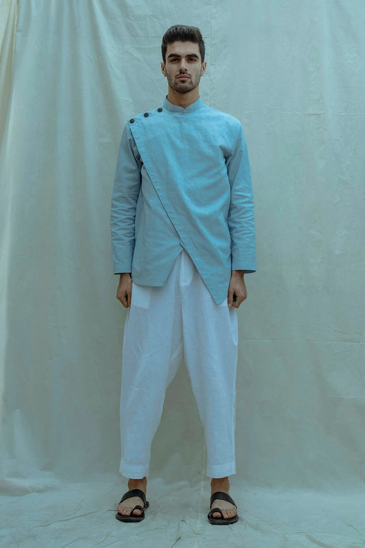 OVERLAPPED SHIRT KURTA IN LIGHT BLUE-0