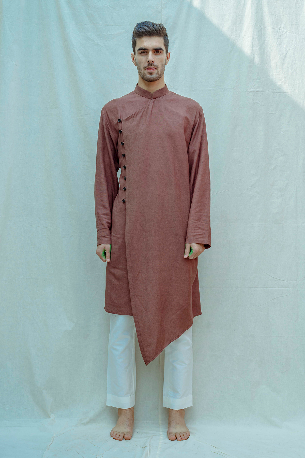 Cotton X Linen Brown Overlapped Kurta-0