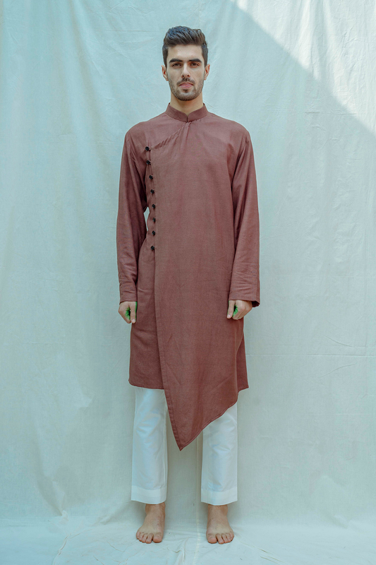 Cotton X Linen Brown Overlapped Kurta-0