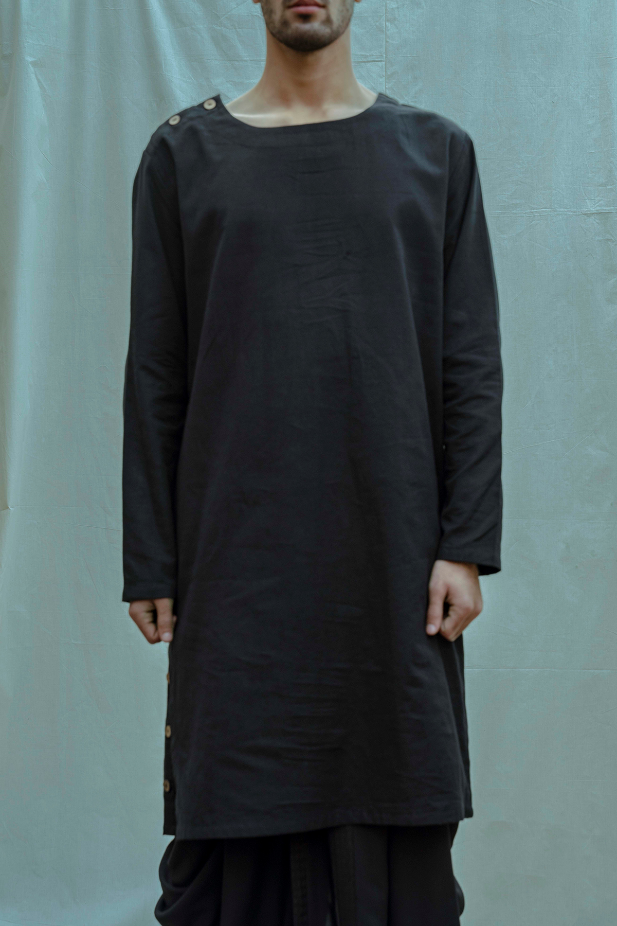 Cotton X Linen - Black Side Placket Kurta Set-0