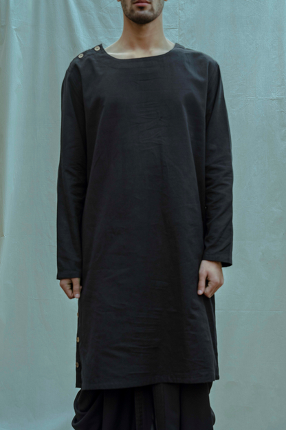 Cotton X Linen - Black Side Placket Kurta Set-0