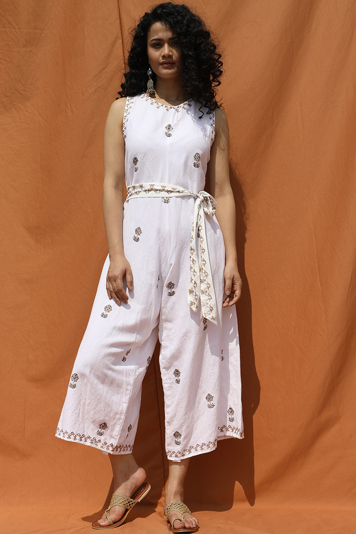 Block Printed White Jumpsuit-0