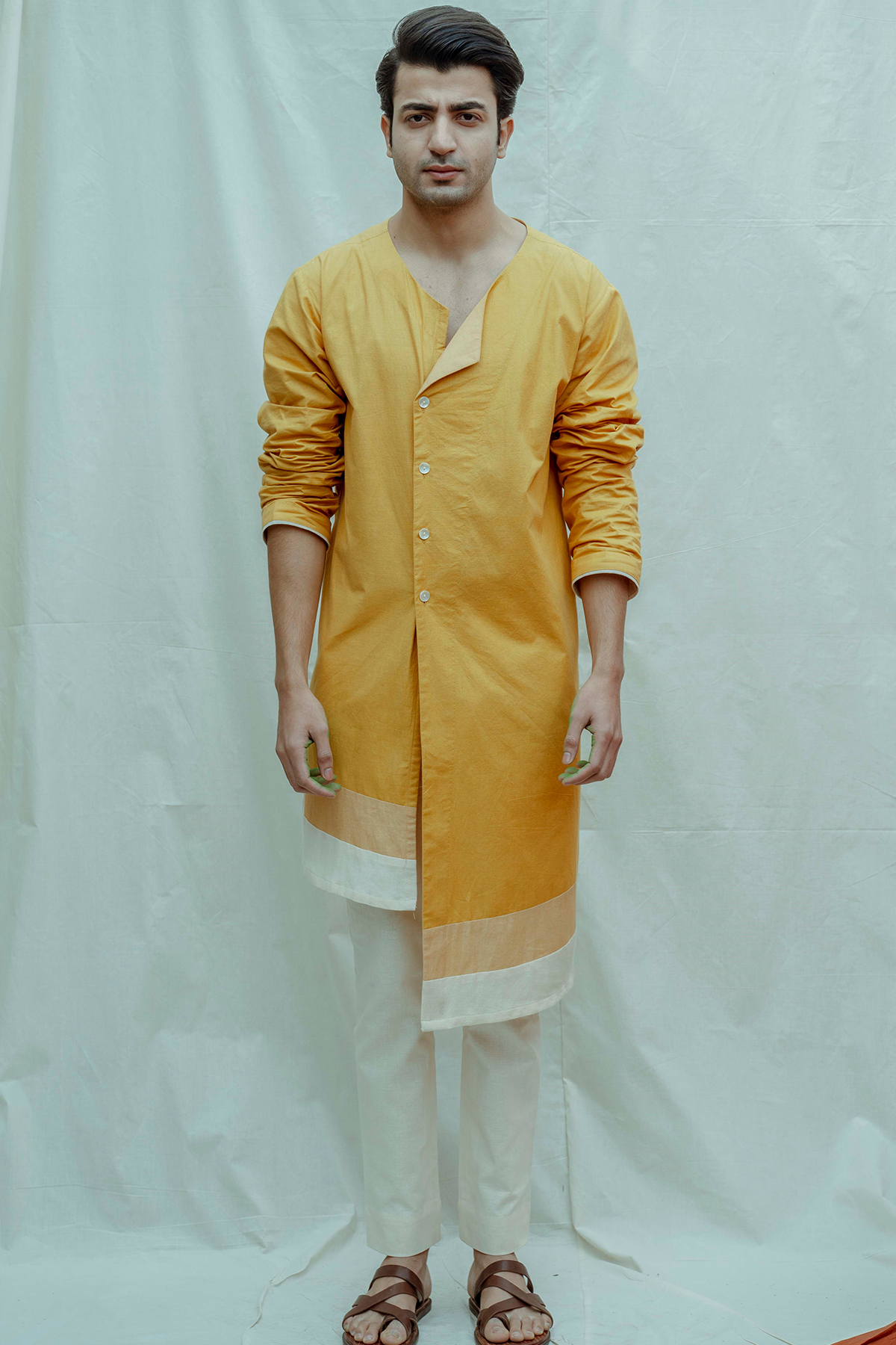 Asymmetry Flap Neck Mustard Kurta-0