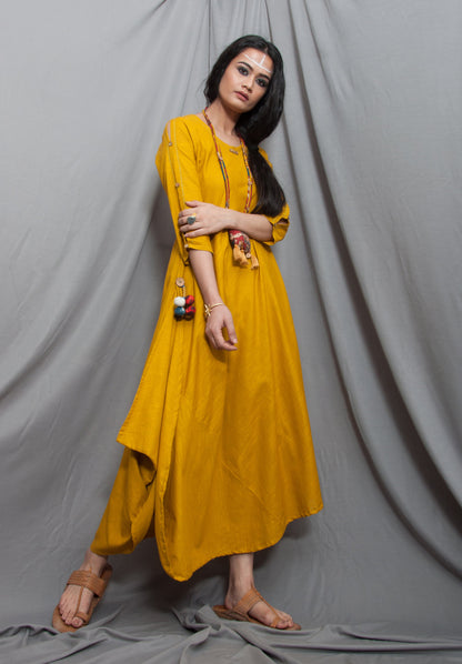 Harmony - Mustard Cowl Dress with Necklace-0