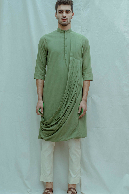 Nature Green Cowl Kurta with Off-White Pant Set-0