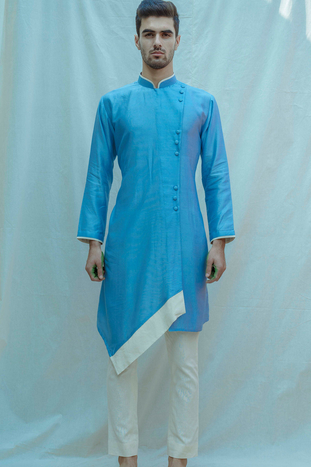 Chanderi Silk - Blue Overlapped Panel Kurta Set-0