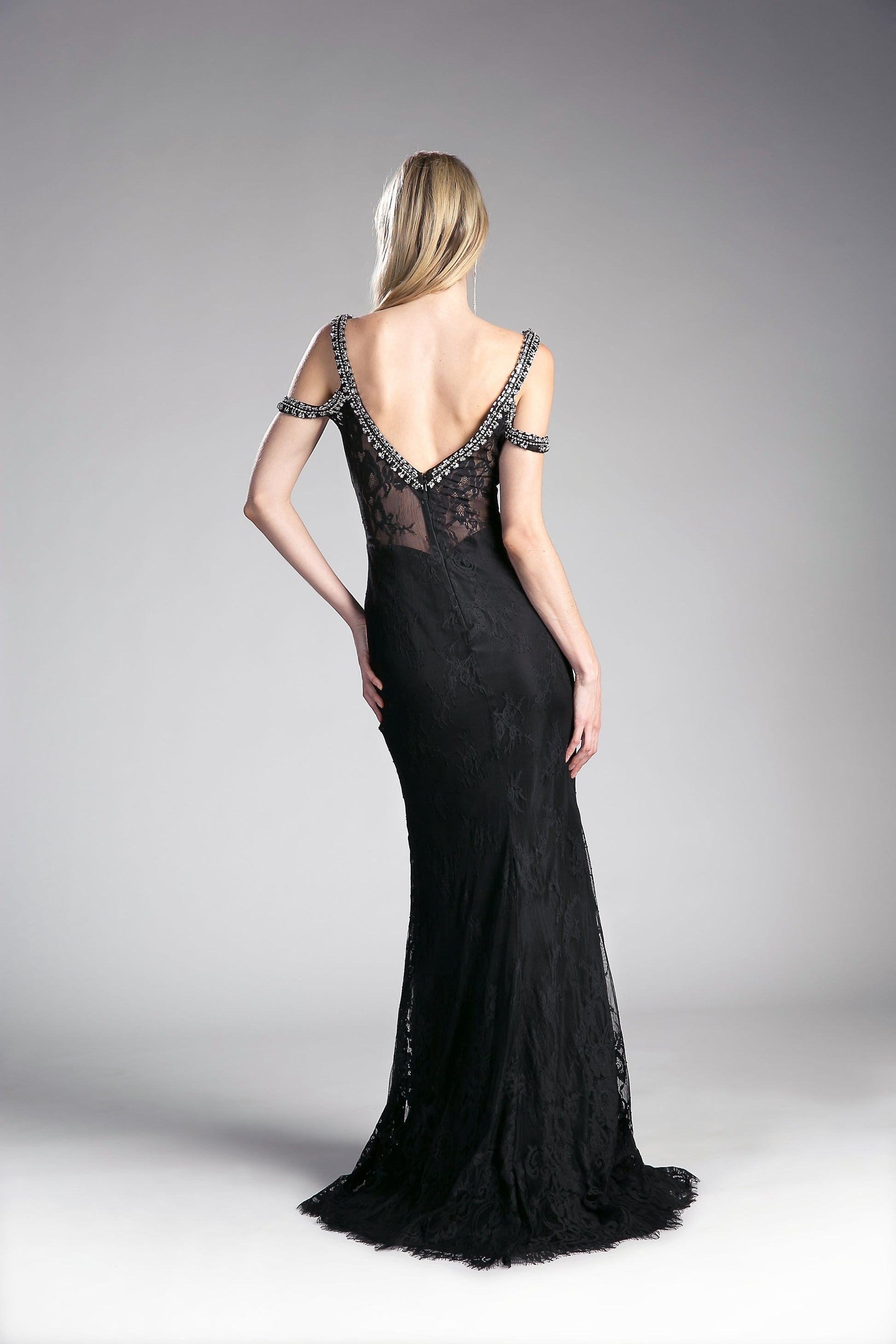 Fitted lace dress with beaded cold shoulder detail and sweetheart neackline.-1