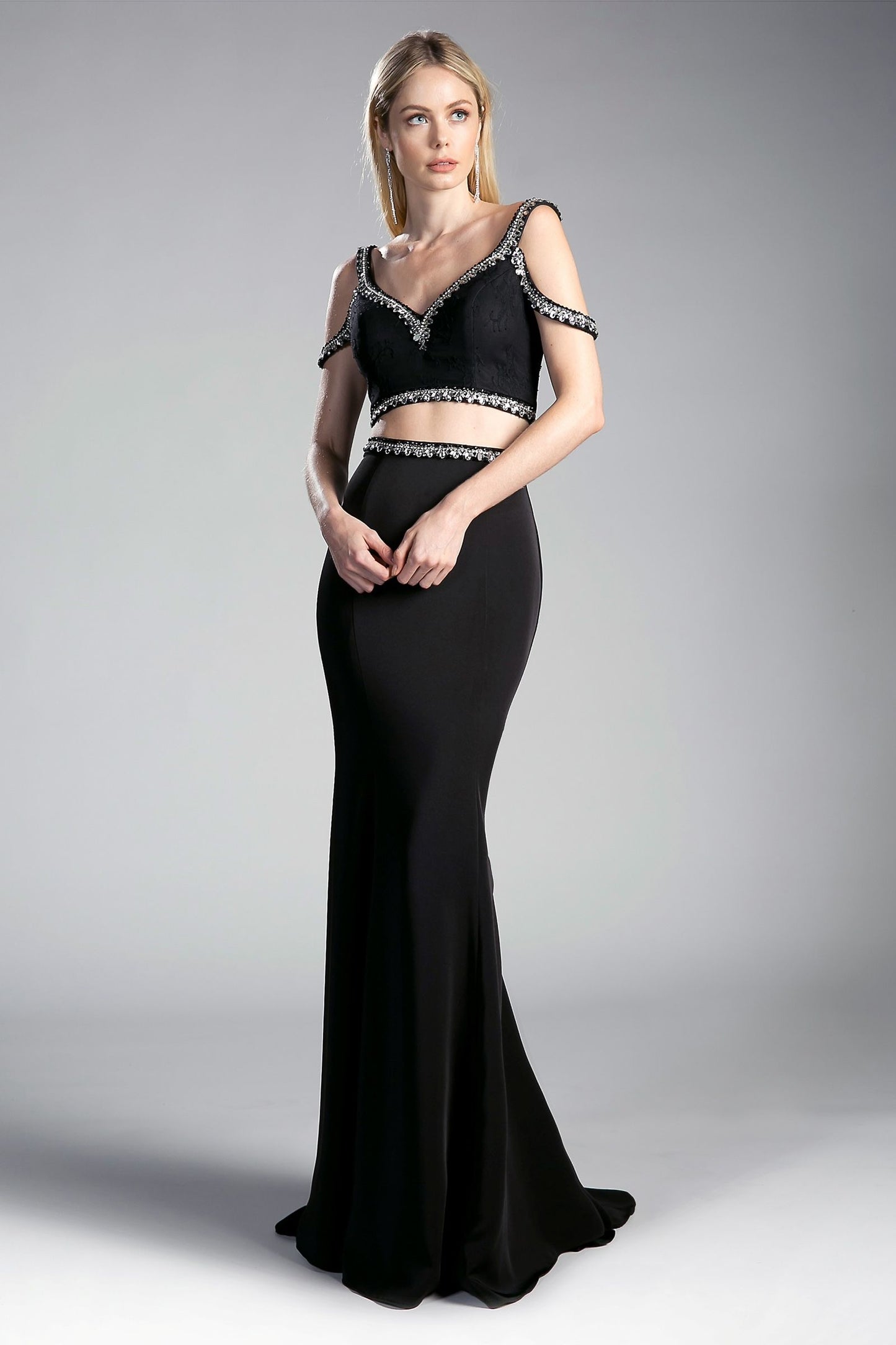 Two Piece Fitted Gown with Stretch Jersey and Beaded Details-0