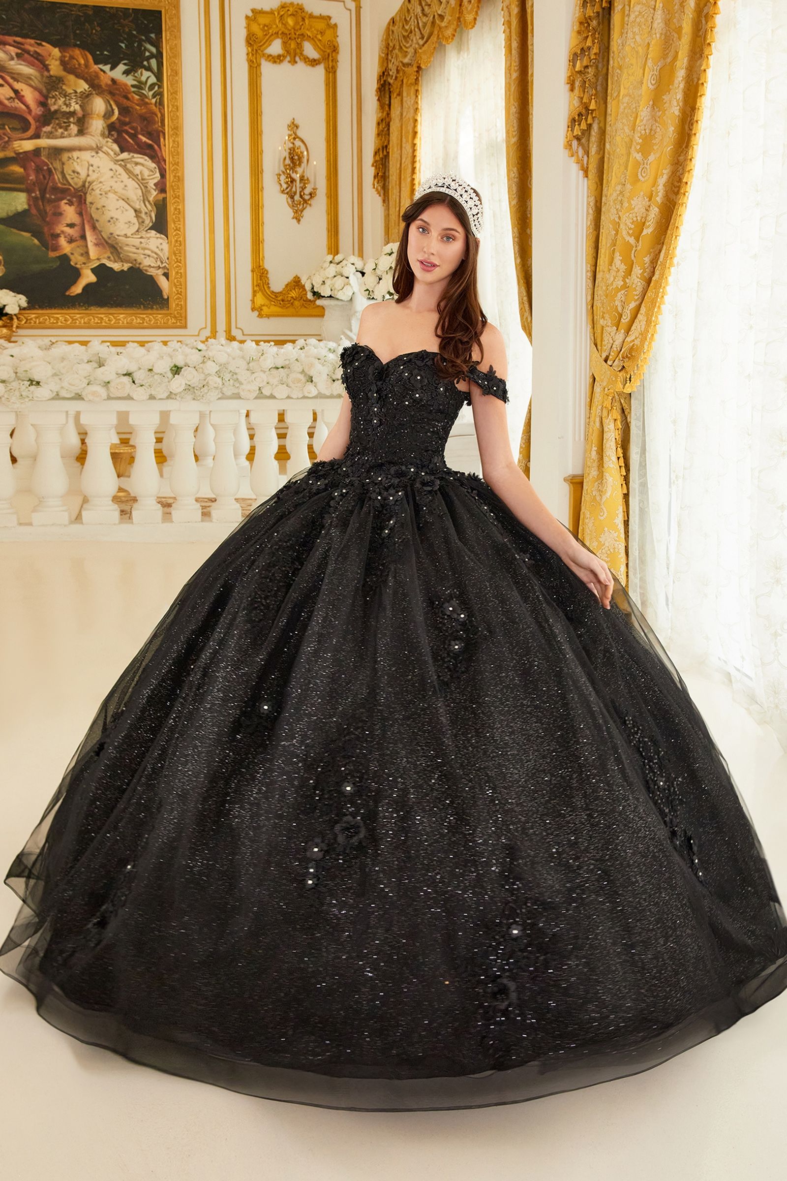 Off The Shoulder Floral Quince Ball Gown-5