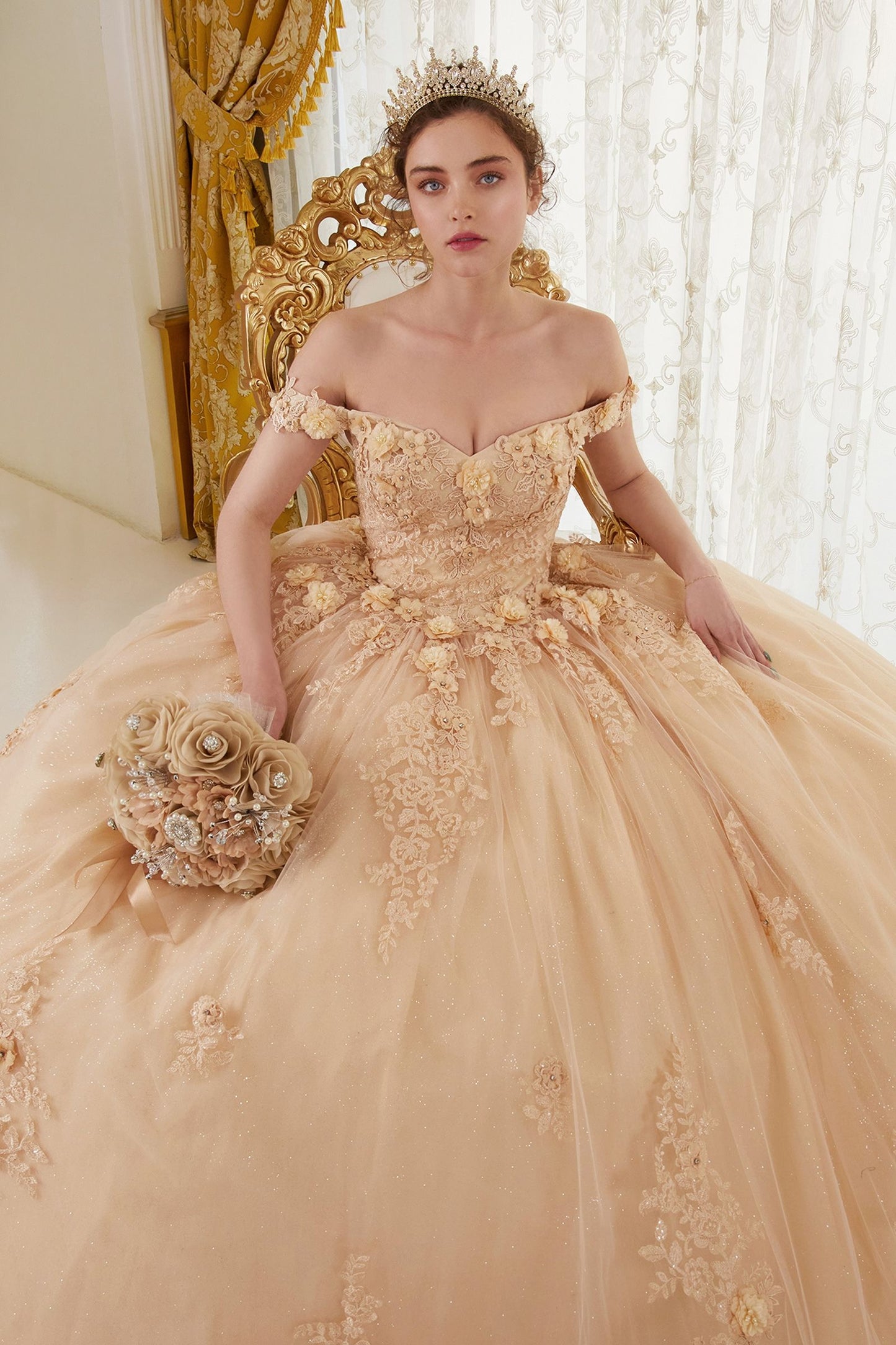 Off The Shoulder Floral Quince Ball Gown-6