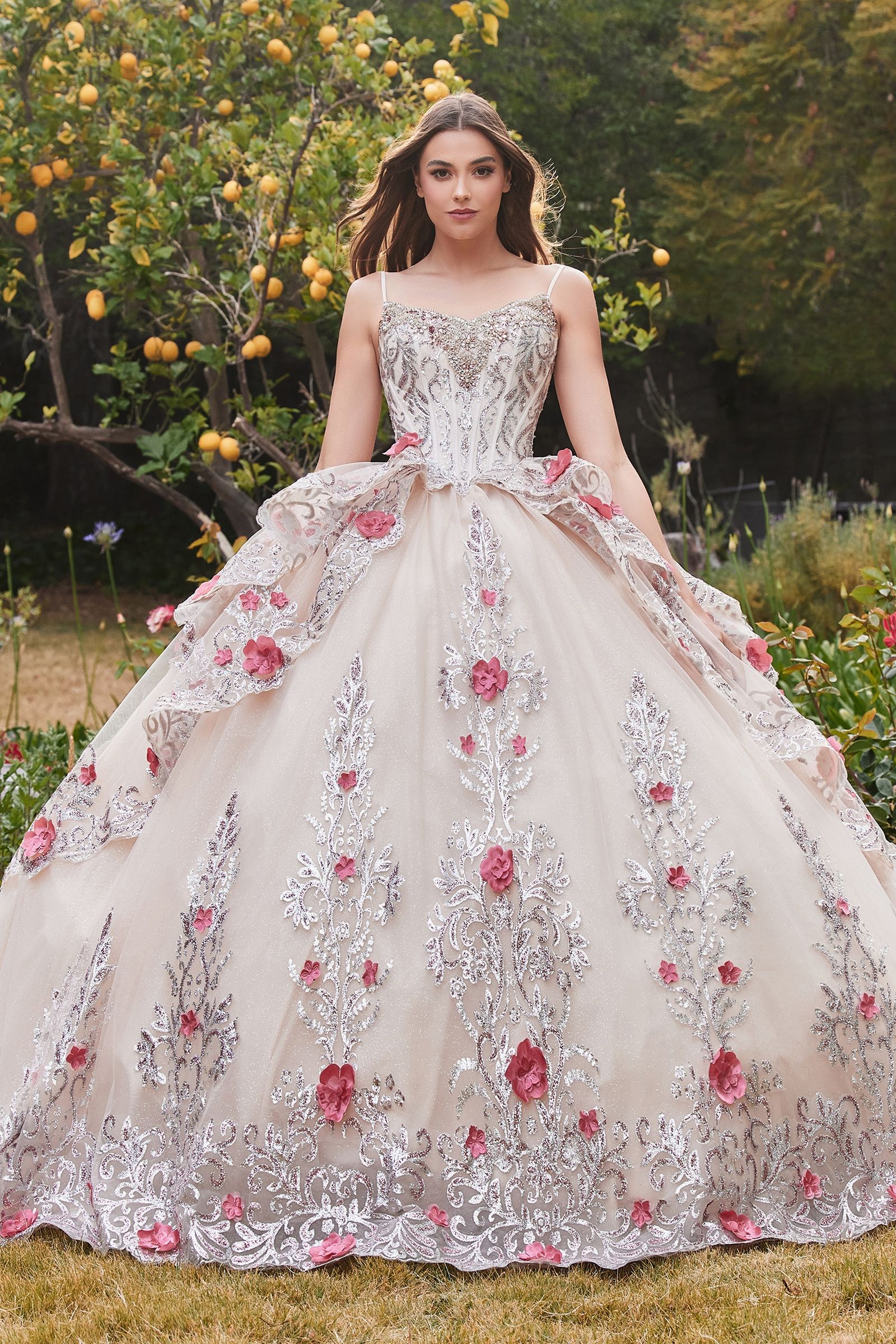 Layered Tulle Quince Ball Gown With Foral Applique-0