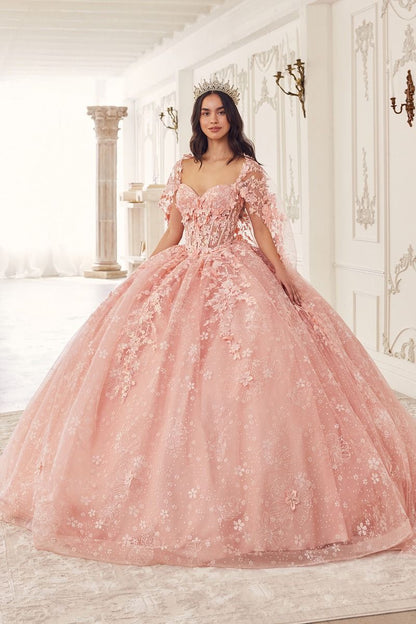 Floral Quinceanera Ball Gown With Cape-0