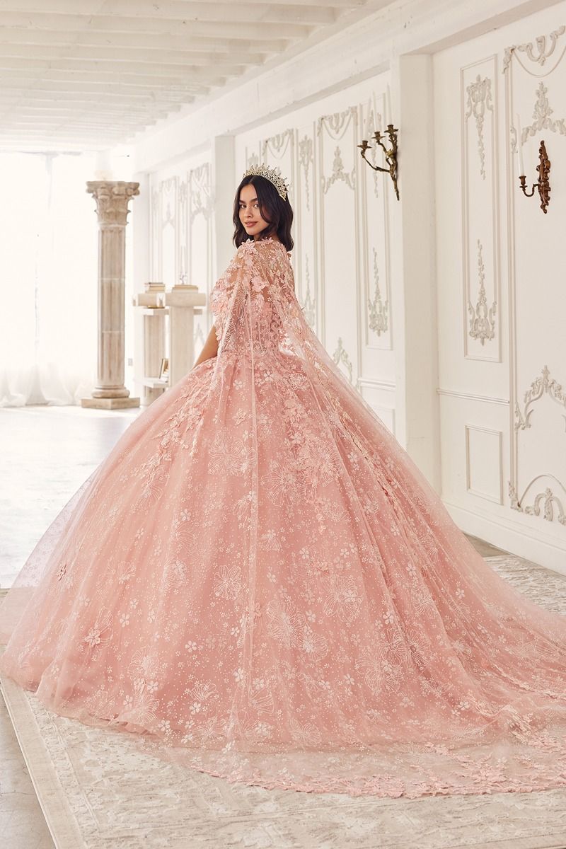 Floral Quinceanera Ball Gown With Cape-1