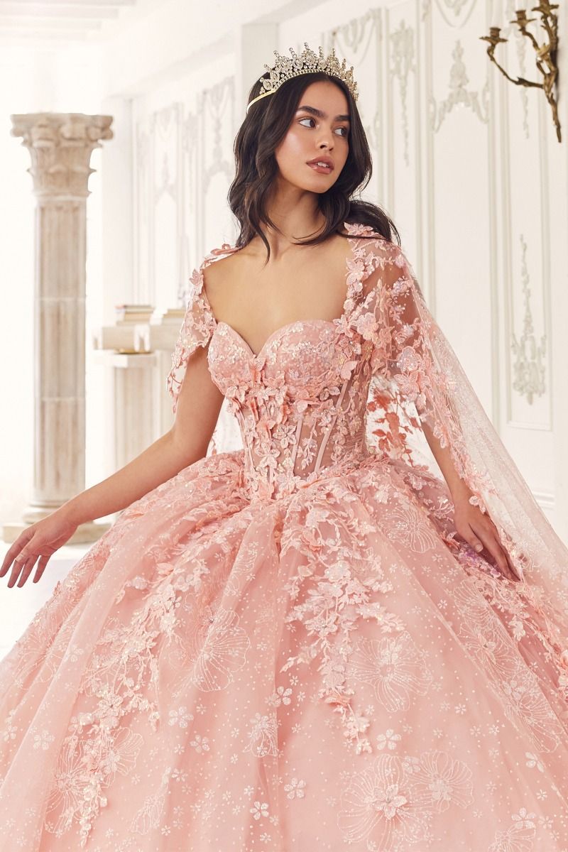 Floral Quinceanera Ball Gown With Cape-2