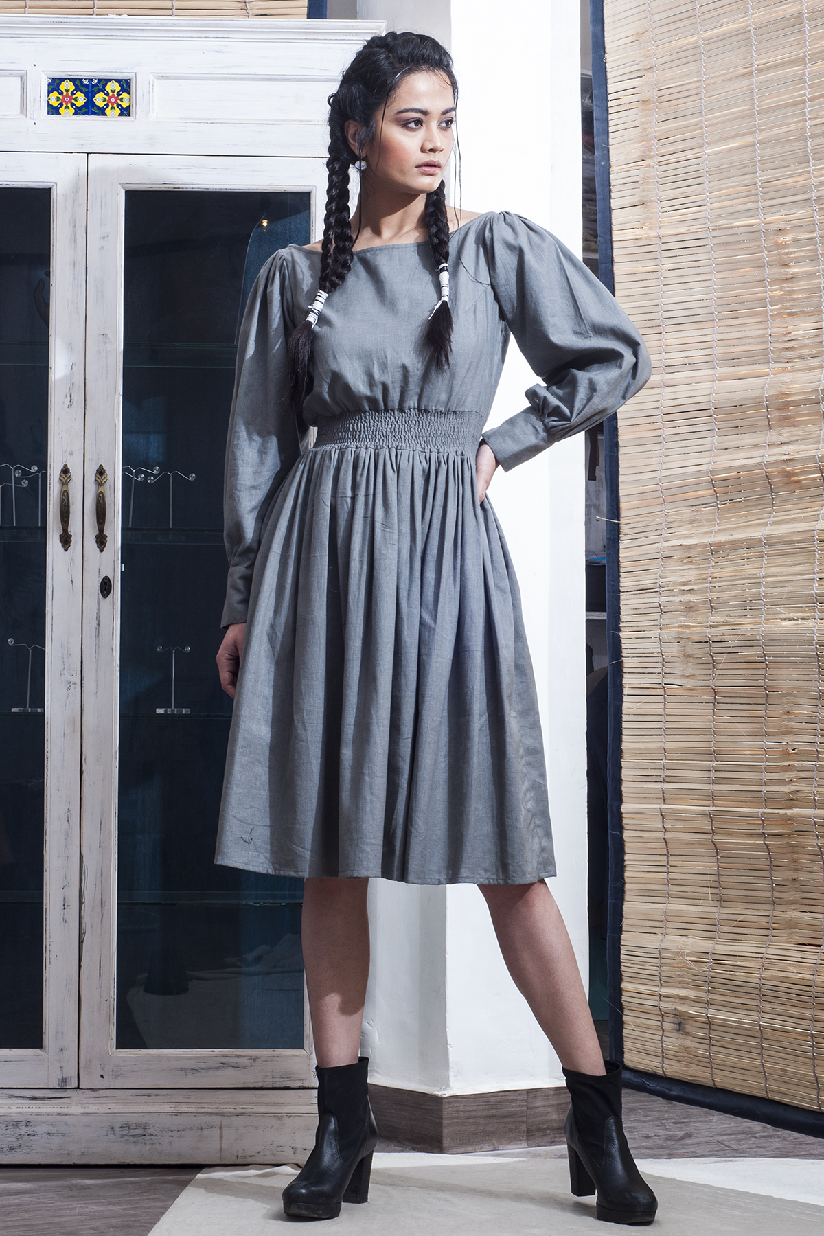 Kitty- Grey A-line Dress With Long sleeve-3