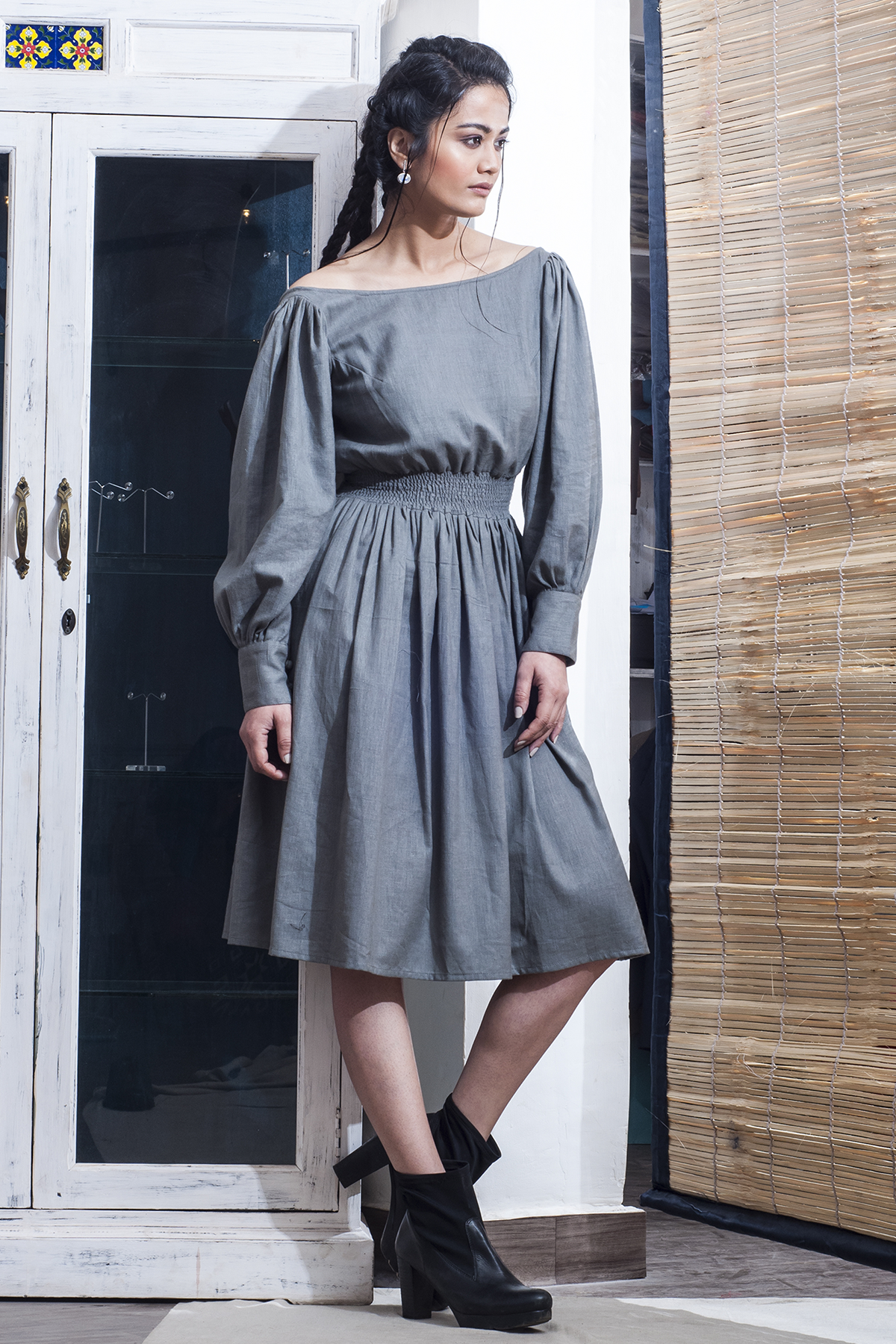 Kitty- Grey A-line Dress With Long sleeve-4