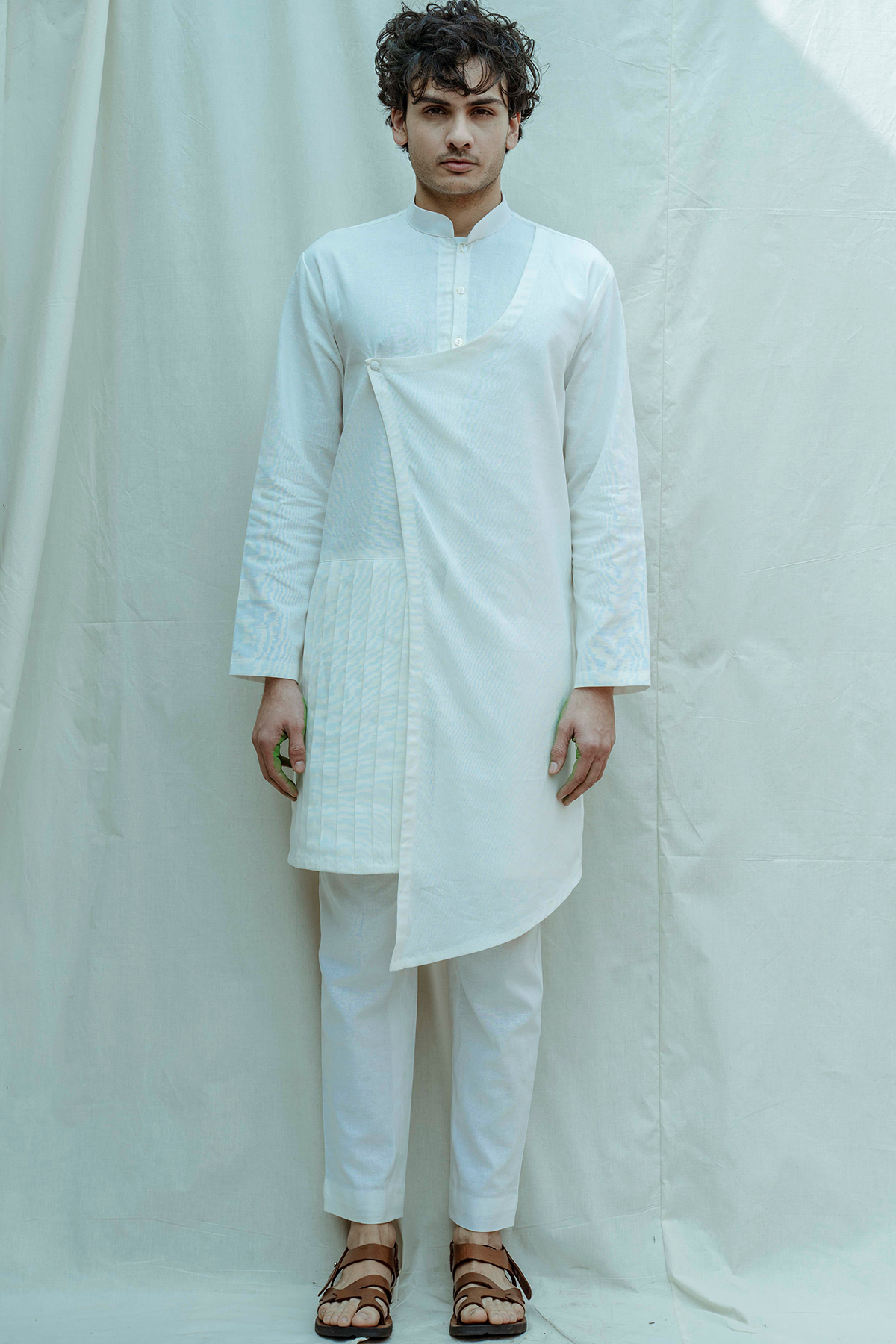 White Pleated Angrakha Kurta-0