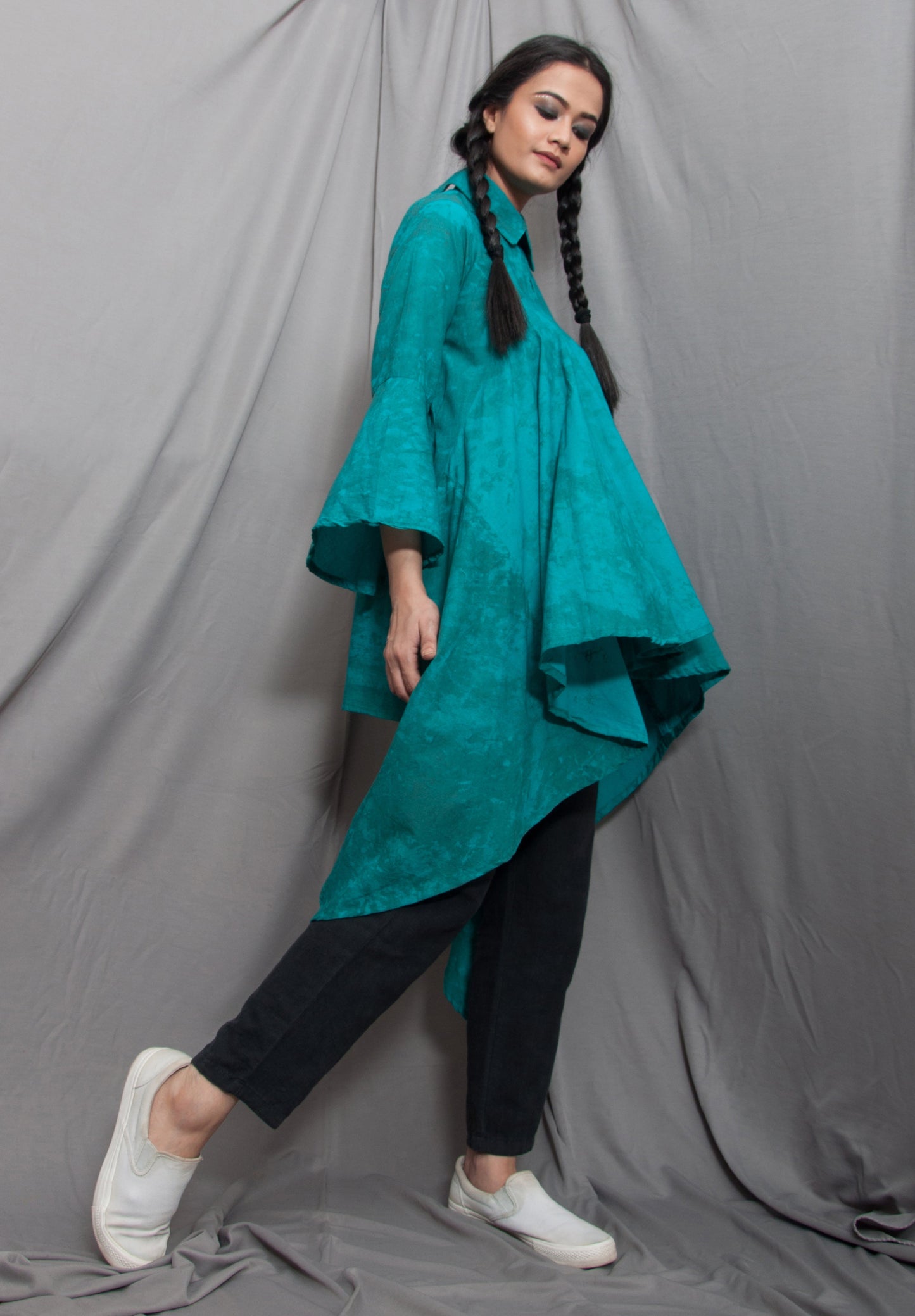 Asymmetrical Frill Top with Bell Sleeve-0