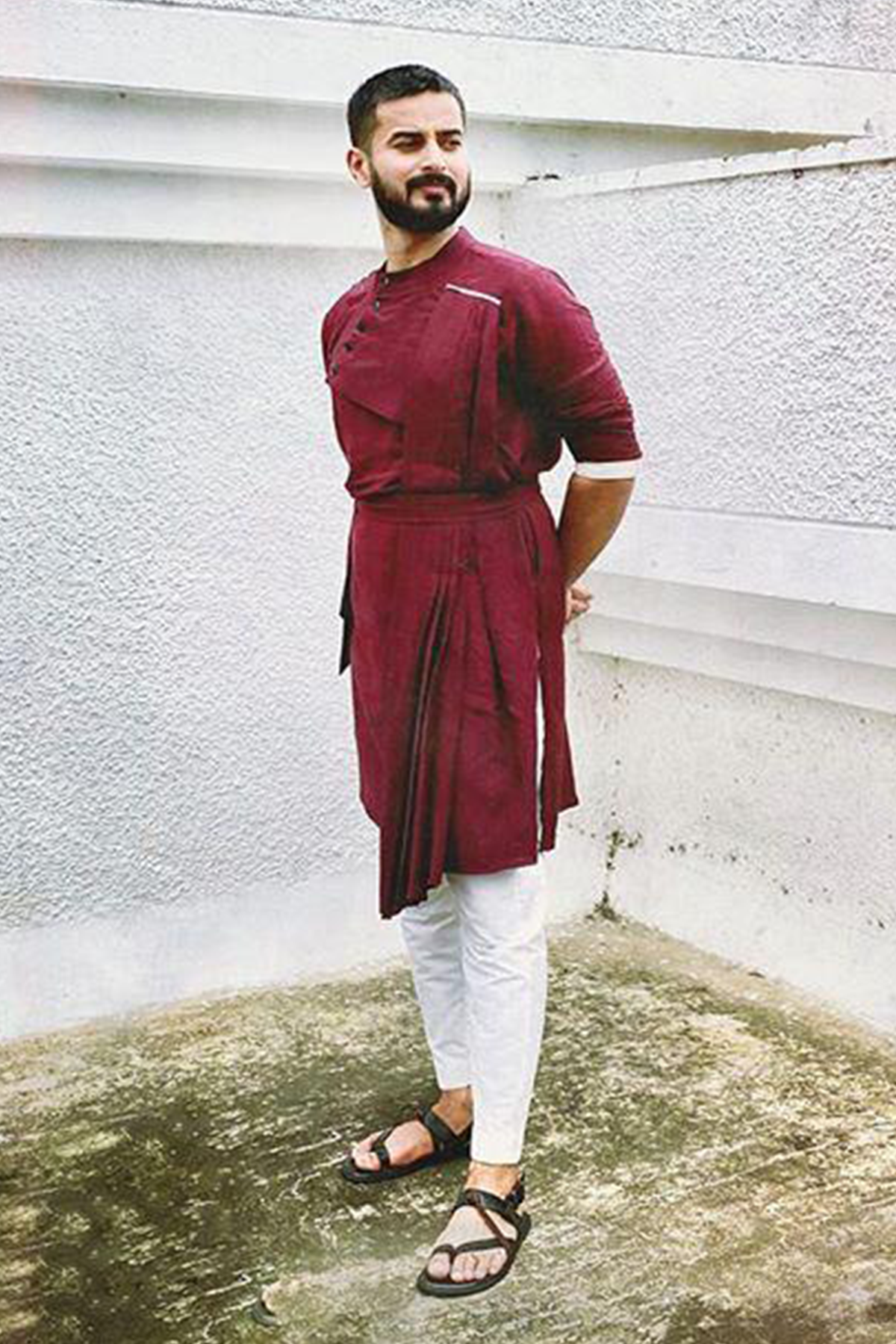 Vivek Tripathi - Wine Kurta With Off White Pant Set-1