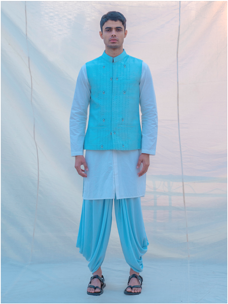 Aqua Blue Hand Embroidered Nehru Jacket with Dhoti & Kurta Set-0