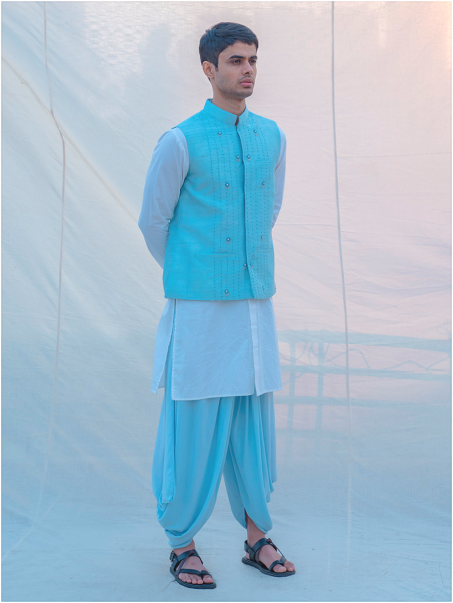 Aqua Blue Hand Embroidered Nehru Jacket with Dhoti & Kurta Set-4