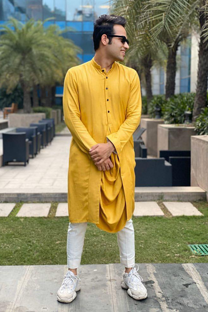 Raj Shamani In Our - Mustard Cowl Kurta With Off White Pant-1