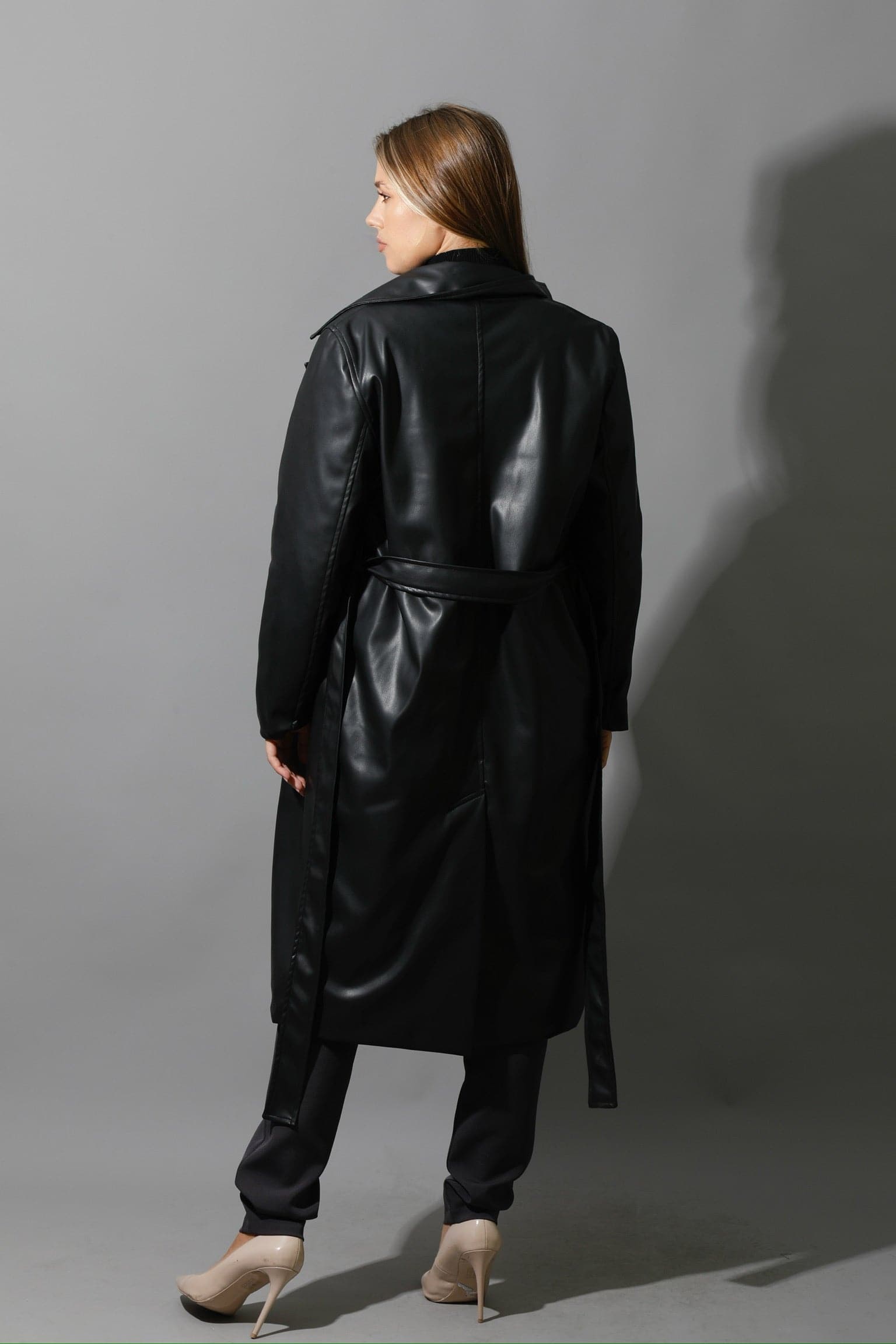 Leather Long Coat - Black-2