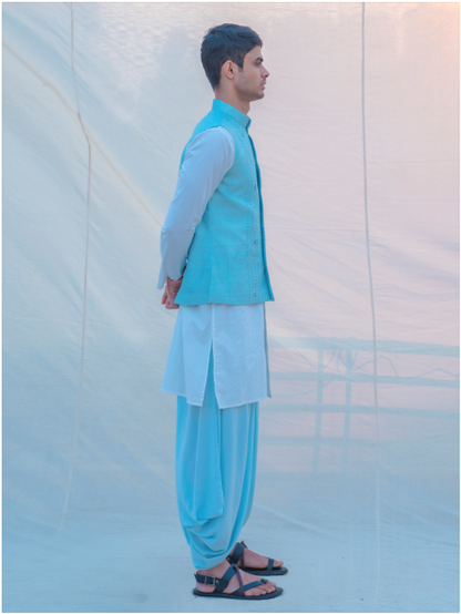 Aqua Blue Hand Embroidered Nehru Jacket with Dhoti & Kurta Set-2