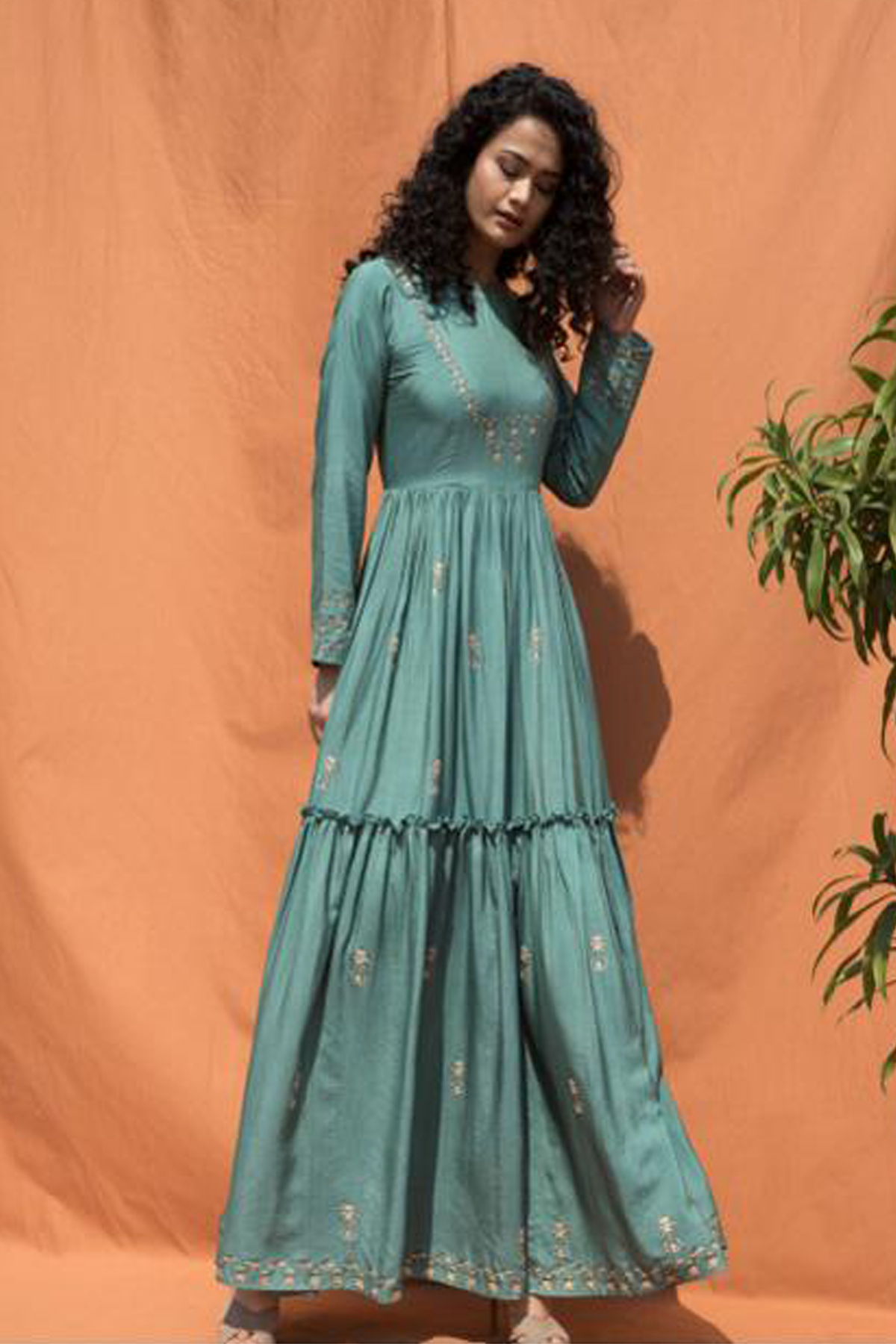 Teal Blue Block Printed Floor Length Dress-0