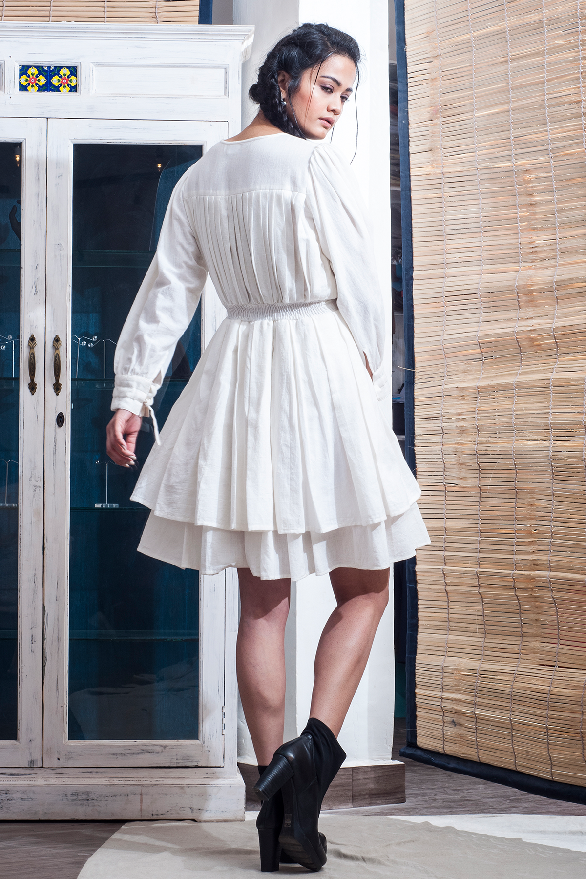 Leone- White Double Flared Dress With Pin Tucks-2