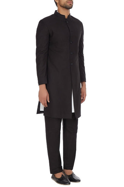 Gente - Black Achkan Jacket With Kurta Set-0