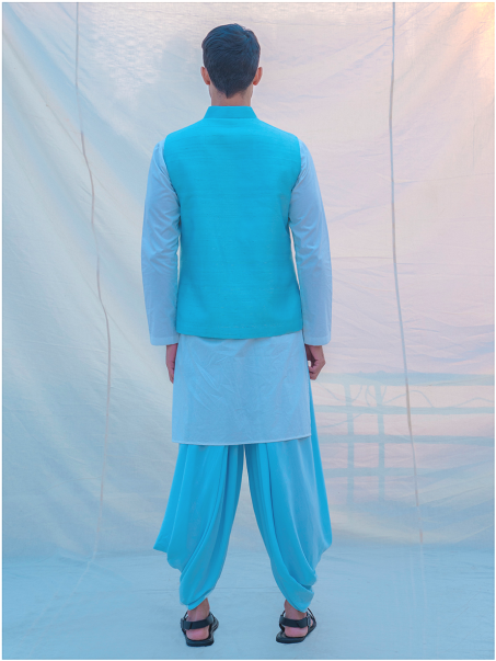 Aqua Blue Hand Embroidered Nehru Jacket with Dhoti & Kurta Set-1