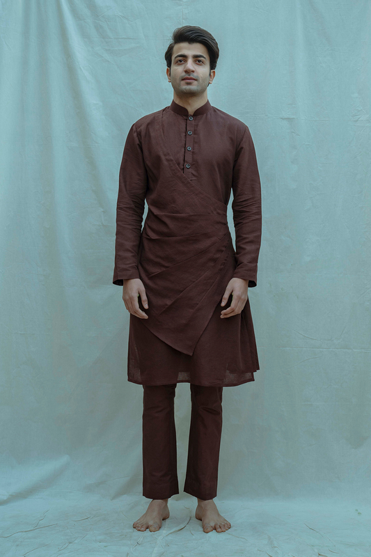 Cotton X Linen Brown Pleated Angrakha Kurta-0