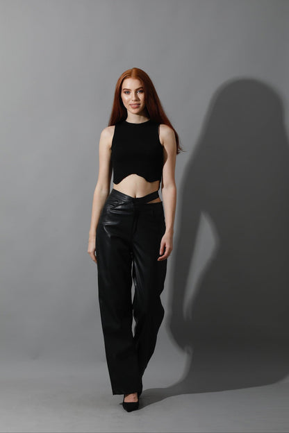 Faux Leather Wide Leg Pants - Black-1