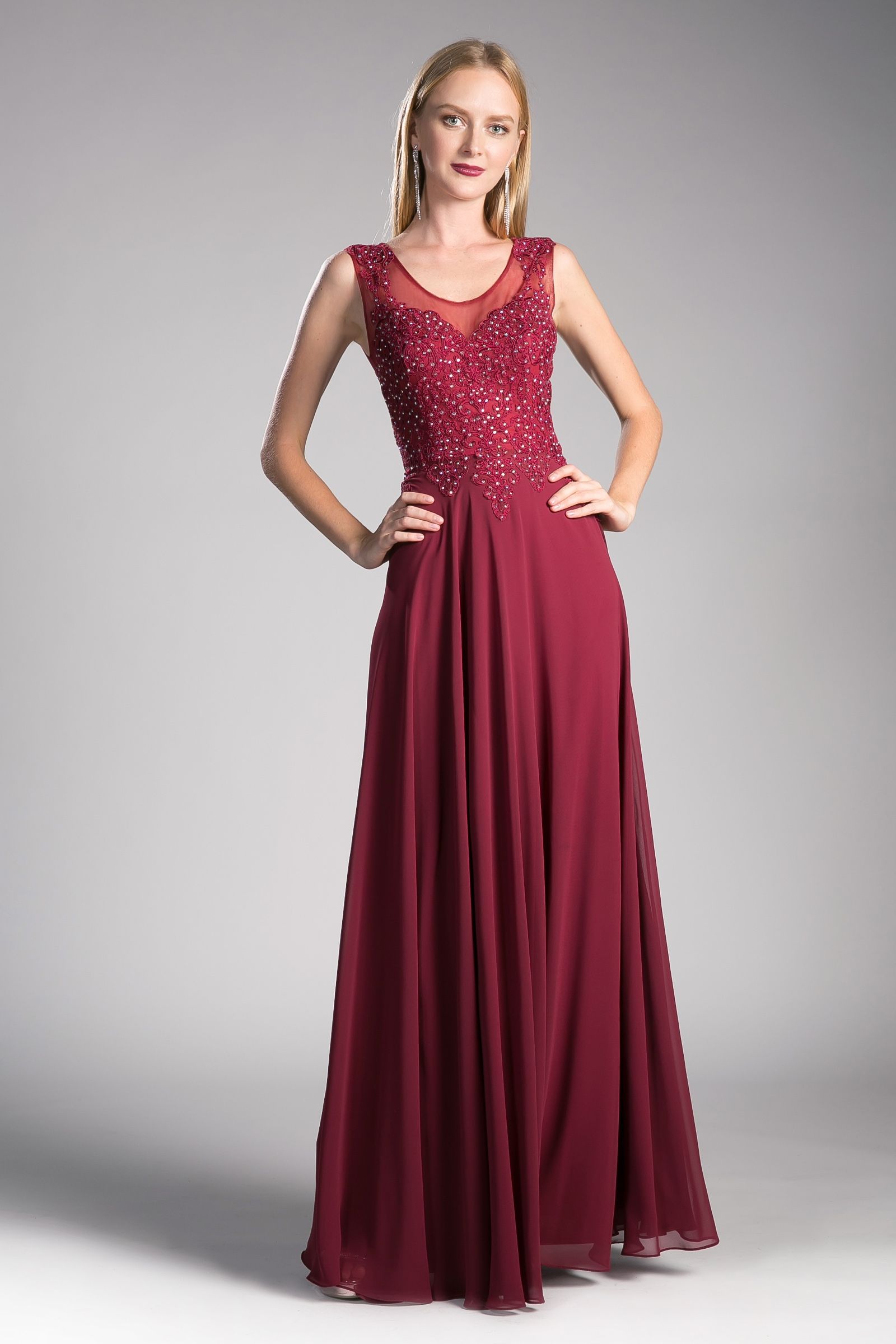 A-Line Chiffon Gown With Lace Embellished Bodice.-1