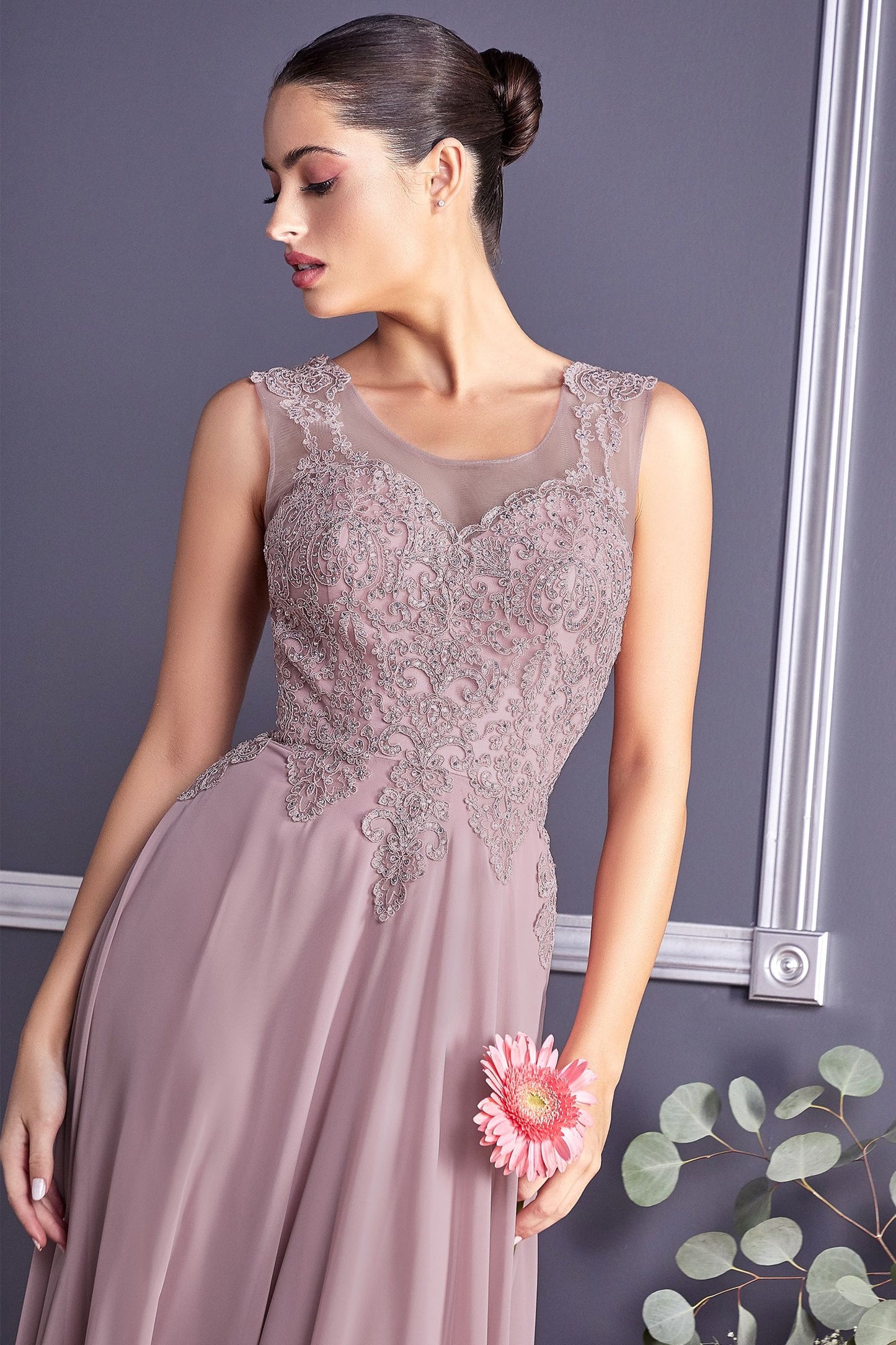 A-Line Chiffon Gown With Lace Embellished Bodice.-5