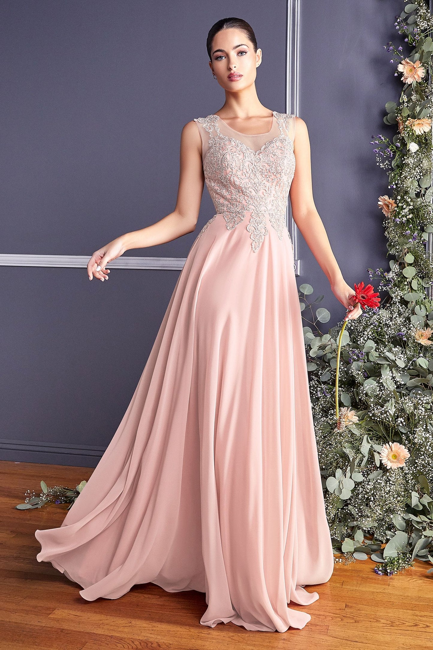 A-Line Chiffon Gown With Lace Embellished Bodice.-0