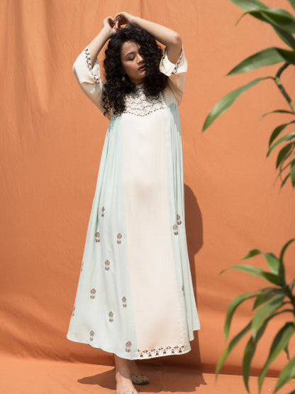 The Essaouira- Off White & Mint Blue Block Printed Maxi Dress-0