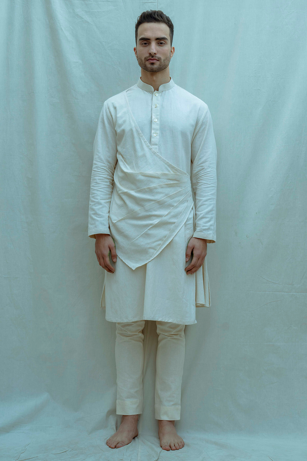 Cotton X Linen Pleated Angrakha Kurta Set-0