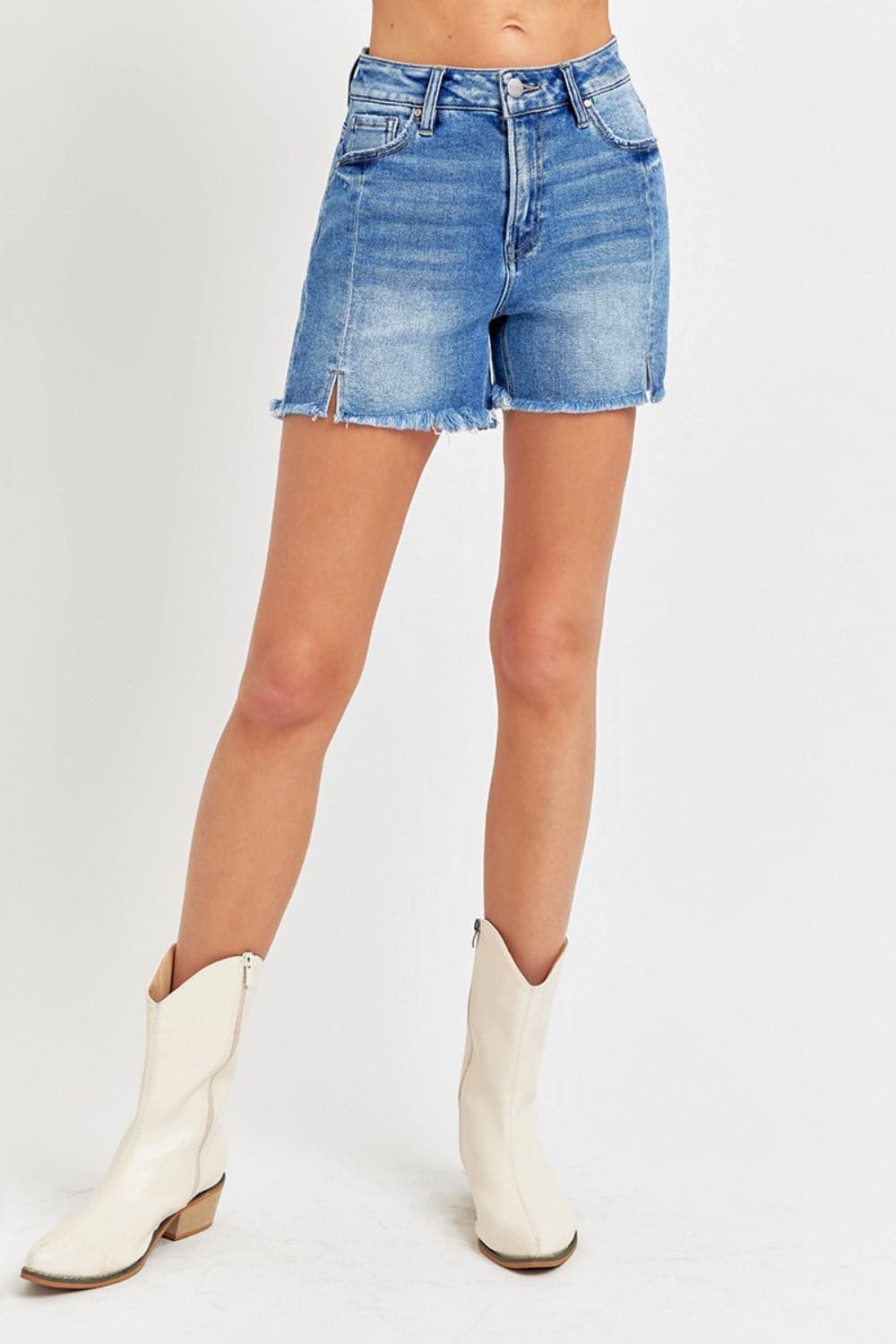 RISEN Front Slit Raw Hem Denim Shorts-4