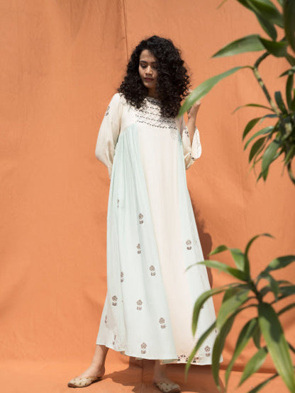 The Essaouira- Off White & Mint Blue Block Printed Maxi Dress-1