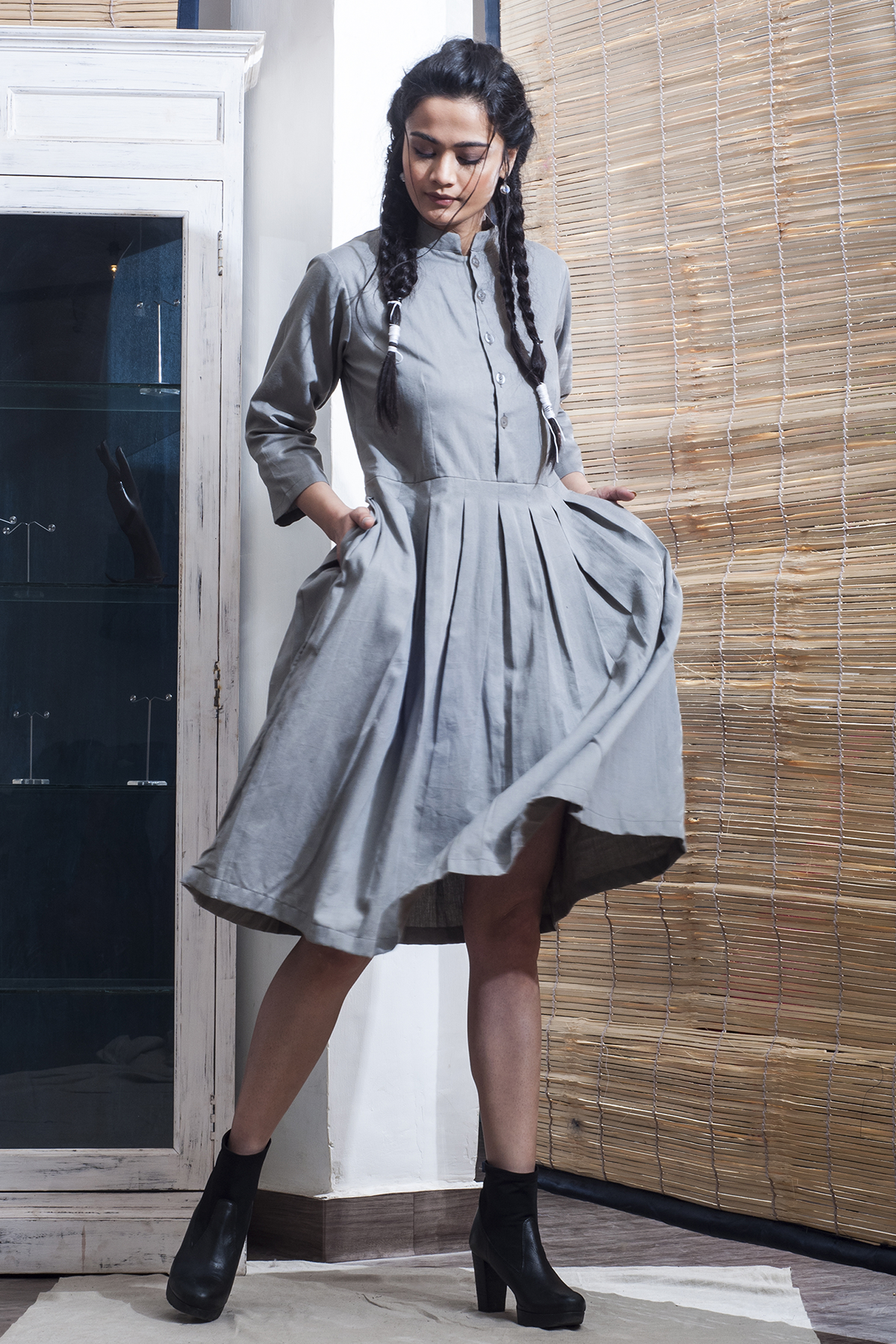 Ramer - Grey Flared & Pleats Dress-3