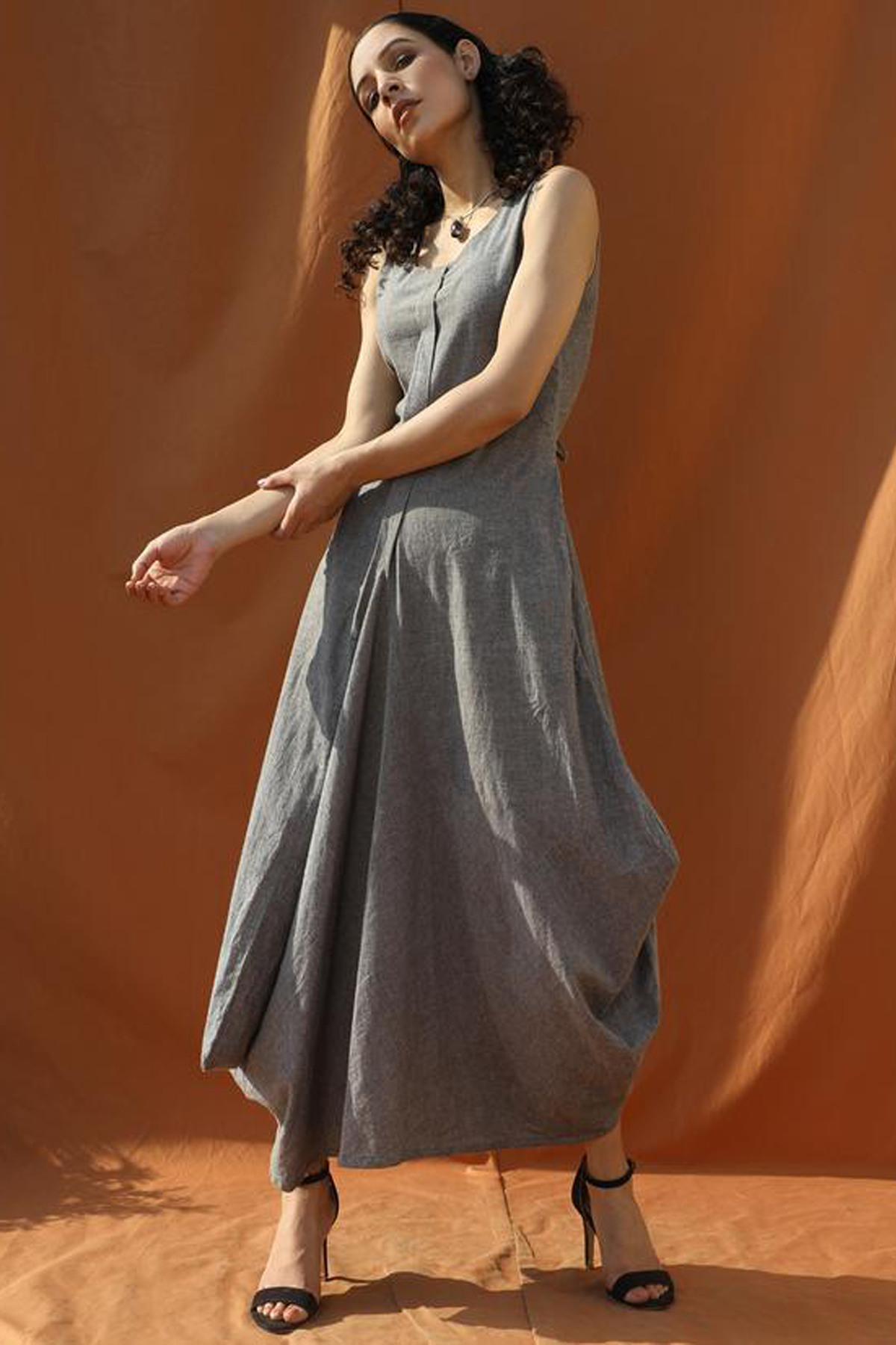 Breezy Boho - Grey Organic Cotton Cowl Dress-0