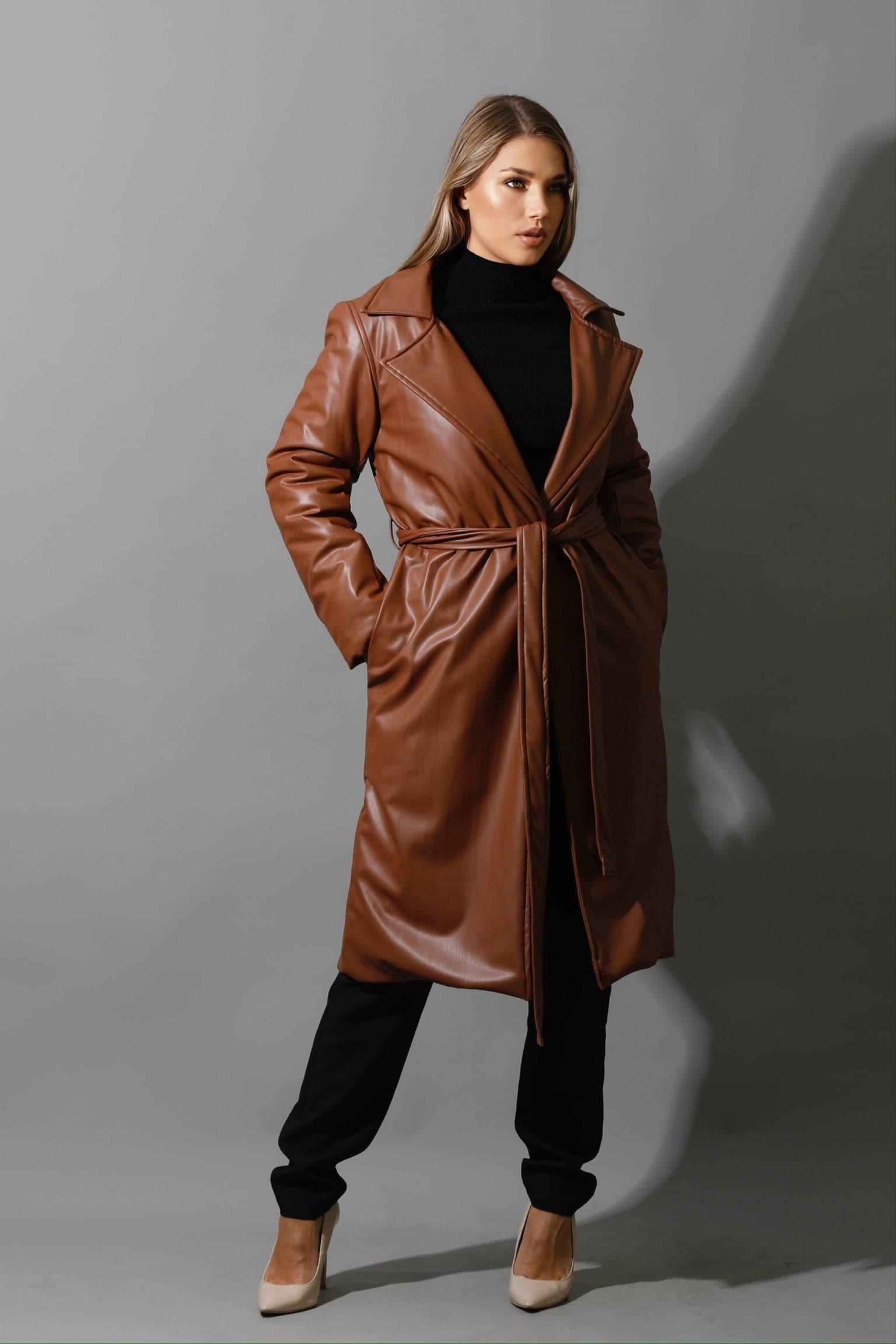 Leather Long Coat - Brown-3