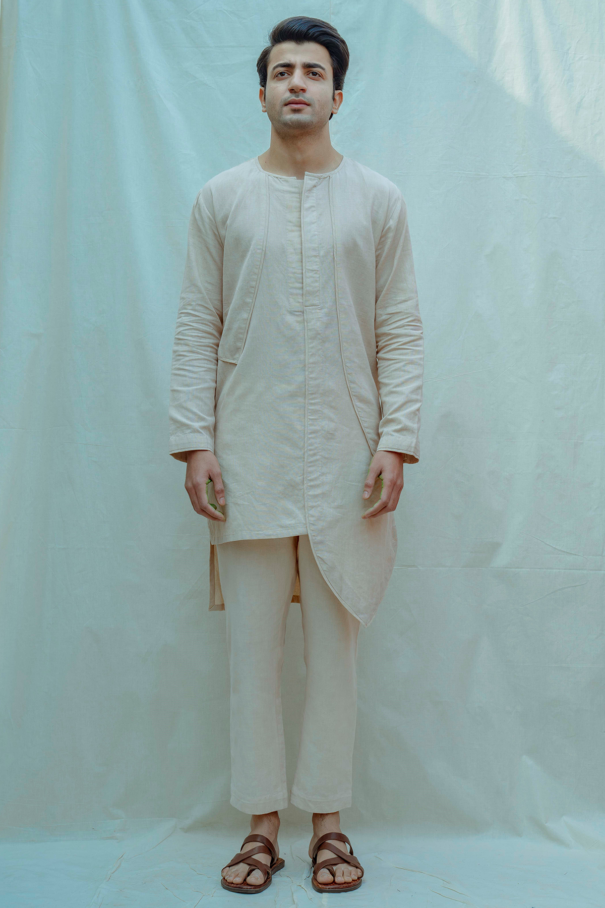 Cotton X Linen Beize Paneled Kurta-0