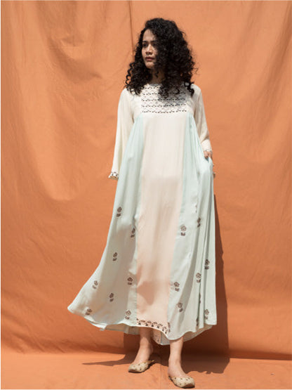 The Essaouira- Off White & Mint Blue Block Printed Maxi Dress-3