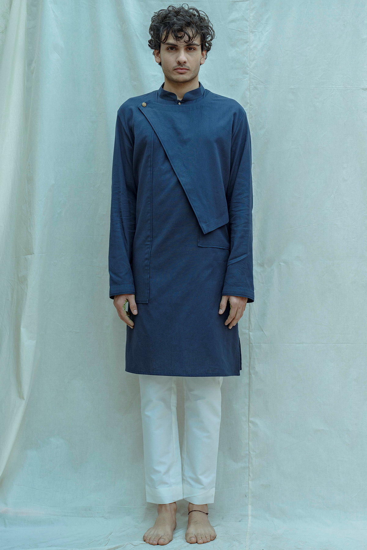 Cotton X Linen Blue Overlap Kurta Set-0